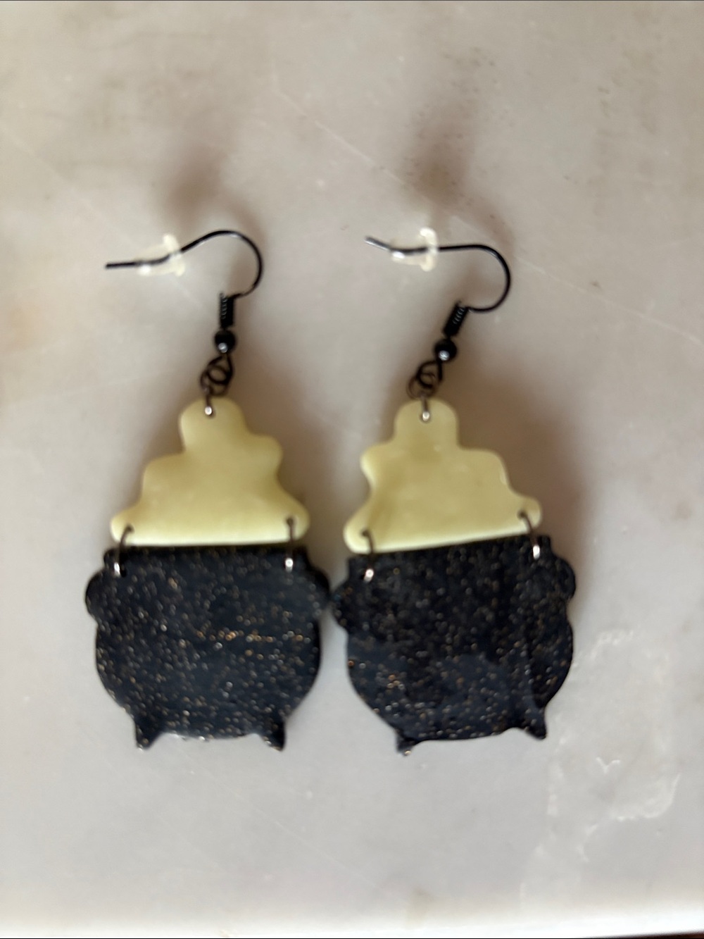 Handcrafted Small Pets Cauldron Earrings in Cream and Black, Glow in the Dark!